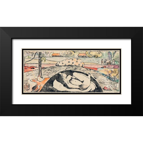 She Thinks of the Ghost or The Ghost Thinks of Her (Manao tupapau) Black Modern Wood Framed Art Print with Double Matting by Gauguin, Paul