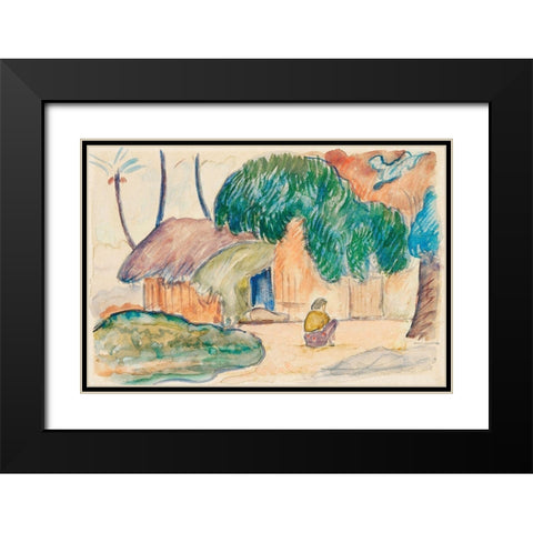 Tahitian Hut Black Modern Wood Framed Art Print with Double Matting by Gauguin, Paul