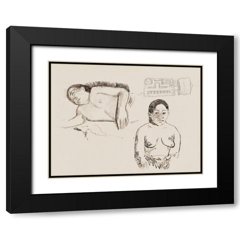 Two Tahitian Women and a Marquesan Earplug Black Modern Wood Framed Art Print with Double Matting by Gauguin, Paul