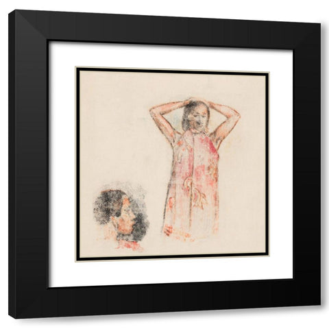 Tahitian Girl in Pink Pareu Black Modern Wood Framed Art Print with Double Matting by Gauguin, Paul