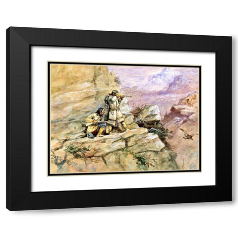 Hunting Big Horn Sheep Black Modern Wood Framed Art Print with Double Matting by Russell, Charles Marion