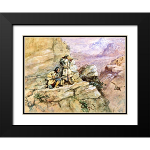 Hunting Big Horn Sheep Black Modern Wood Framed Art Print with Double Matting by Russell, Charles Marion