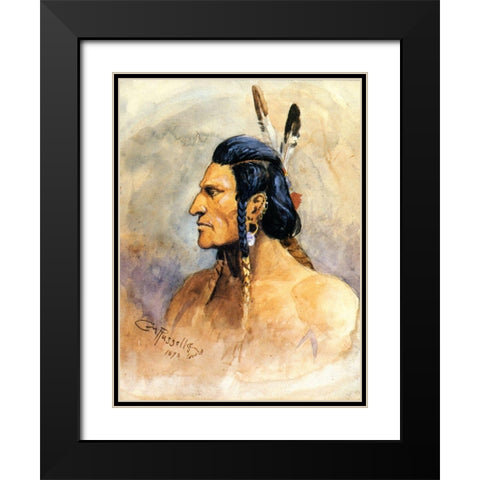 Indian Brave Black Modern Wood Framed Art Print with Double Matting by Russell, Charles Marion