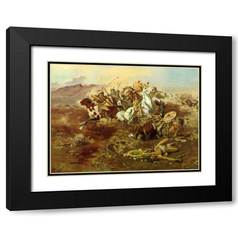 Indian Fight Black Modern Wood Framed Art Print with Double Matting by Russell, Charles Marion