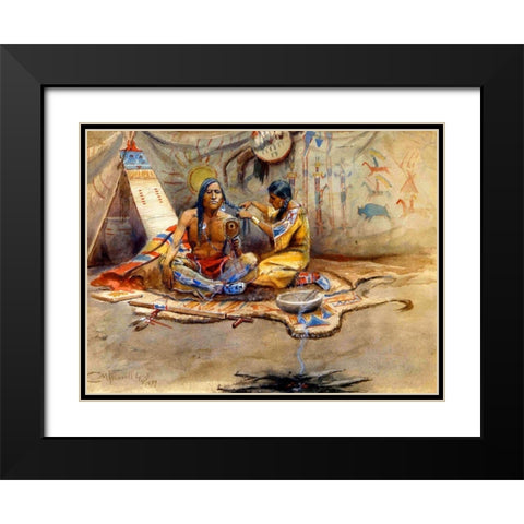 Indian Beauty Parlor Black Modern Wood Framed Art Print with Double Matting by Russell, Charles Marion