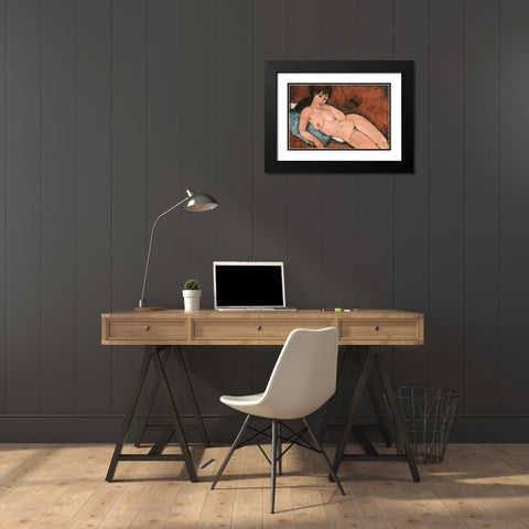 Nude on a Blue Cushion Black Modern Wood Framed Art Print with Double Matting by Modigliani, Amedeo