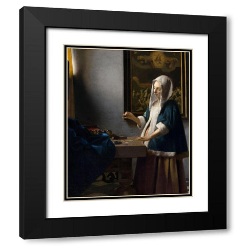 Woman Holding a Balance Black Modern Wood Framed Art Print with Double Matting by Vermeer, Johannes