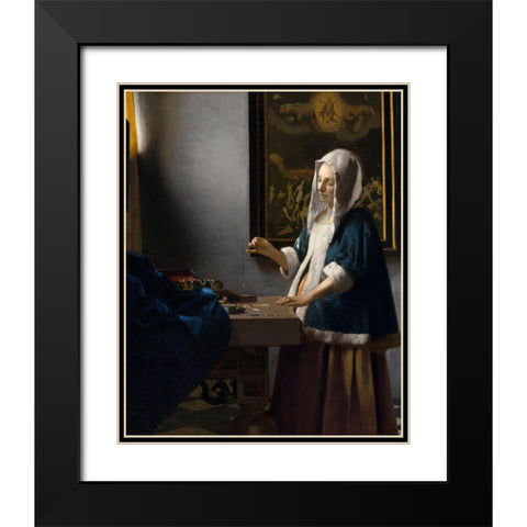 Woman Holding a Balance Black Modern Wood Framed Art Print with Double Matting by Vermeer, Johannes