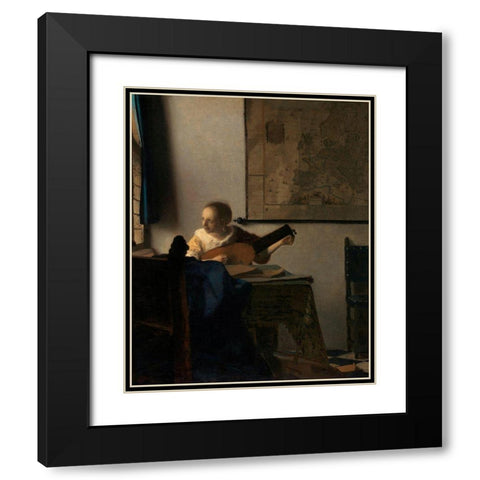 Young Woman with a Lute Black Modern Wood Framed Art Print with Double Matting by Vermeer, Johannes