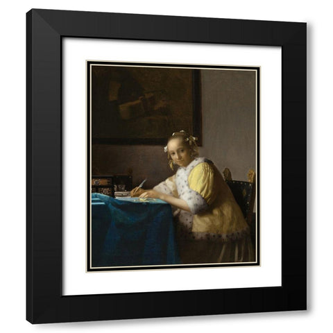 A Lady Writing a Letter Black Modern Wood Framed Art Print with Double Matting by Vermeer, Johannes