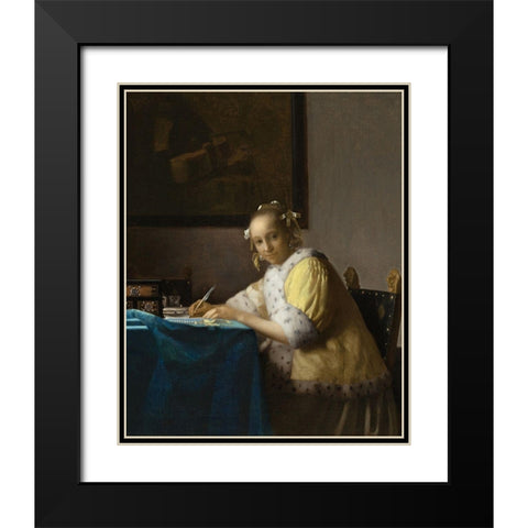 A Lady Writing a Letter Black Modern Wood Framed Art Print with Double Matting by Vermeer, Johannes