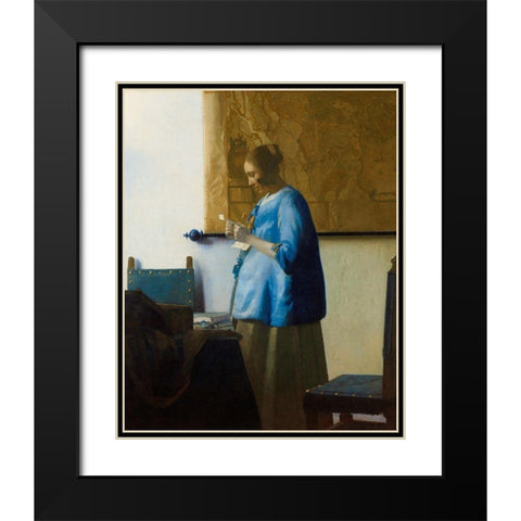 Woman Reading a Letter Black Modern Wood Framed Art Print with Double Matting by Vermeer, Johannes