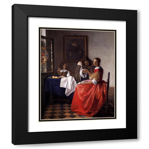 A Lady and Two Gentlemen Black Modern Wood Framed Art Print with Double Matting by Vermeer, Johannes