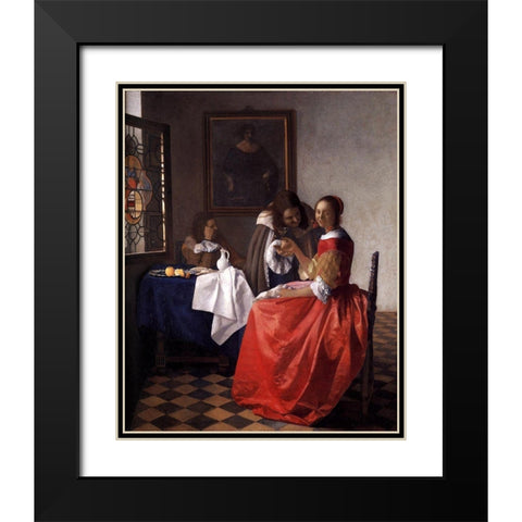 A Lady and Two Gentlemen Black Modern Wood Framed Art Print with Double Matting by Vermeer, Johannes