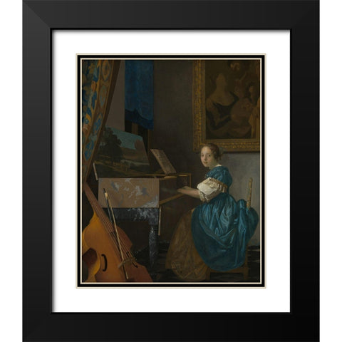Lady Seated at a Virginal Black Modern Wood Framed Art Print with Double Matting by Vermeer, Johannes
