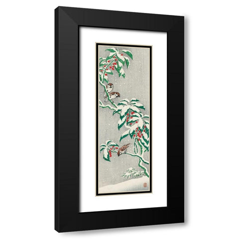 Sparrows on snowy berry bush Black Modern Wood Framed Art Print with Double Matting by Koson, Ohara