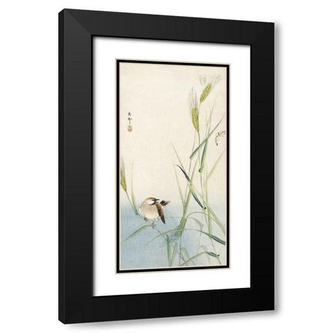 Bird and butterfly Black Modern Wood Framed Art Print with Double Matting by Koson, Ohara