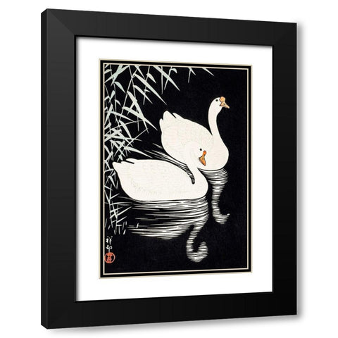 White Chinese Geese Swimming by Reeds Black Modern Wood Framed Art Print with Double Matting by Koson, Ohara