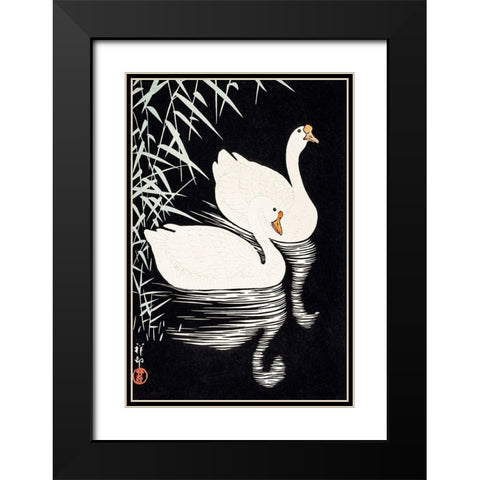 White Chinese Geese Swimming by Reeds Black Modern Wood Framed Art Print with Double Matting by Koson, Ohara