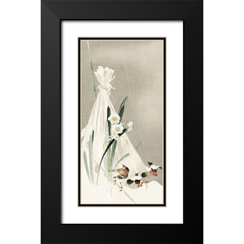 A bird with narcissus flowers and a hay bundle Black Modern Wood Framed Art Print with Double Matting by Koson, Ohara