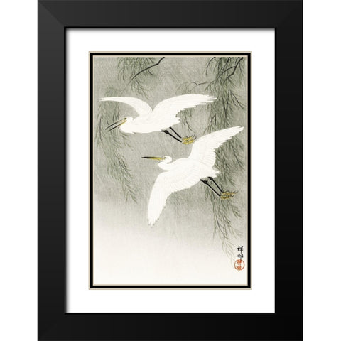 Little Egrets in flight Black Modern Wood Framed Art Print with Double Matting by Koson, Ohara