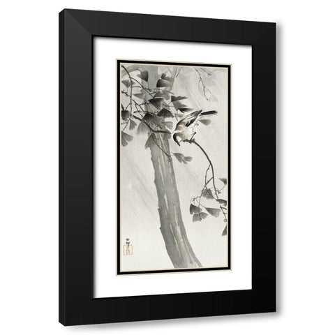 Long-tailed tit in storm Black Modern Wood Framed Art Print with Double Matting by Koson, Ohara