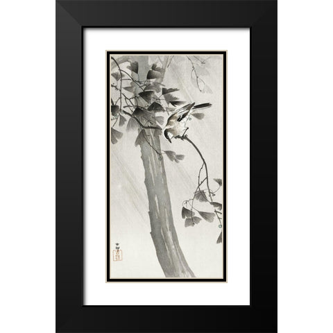 Long-tailed tit in storm Black Modern Wood Framed Art Print with Double Matting by Koson, Ohara