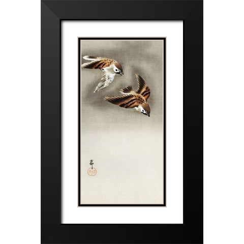 Ring sparrows in snow Black Modern Wood Framed Art Print with Double Matting by Koson, Ohara