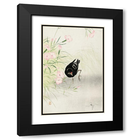 Moorhen at flowering plant Black Modern Wood Framed Art Print with Double Matting by Koson, Ohara