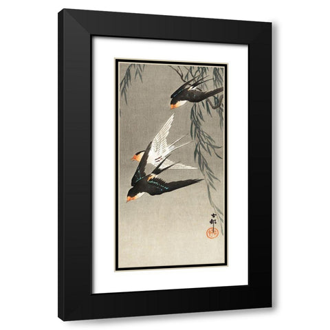 Three red-tailed swallows in dive Black Modern Wood Framed Art Print with Double Matting by Koson, Ohara