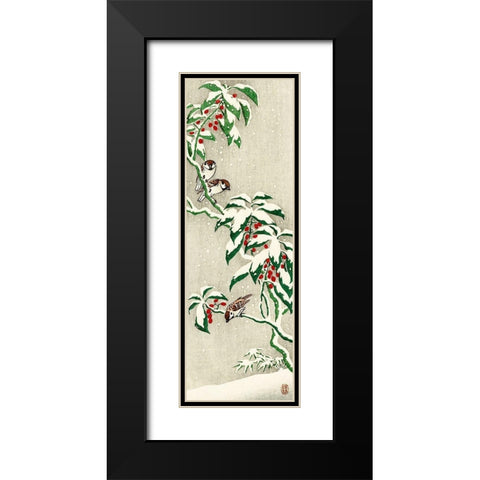 Sparrows on snowy berry bush Black Modern Wood Framed Art Print with Double Matting by Koson, Ohara