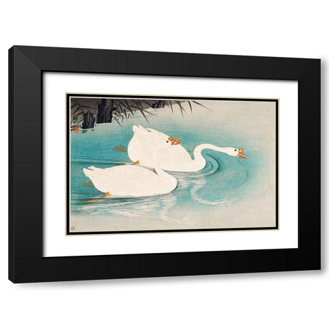 Geese amid Reeds Black Modern Wood Framed Art Print with Double Matting by Koson, Ohara