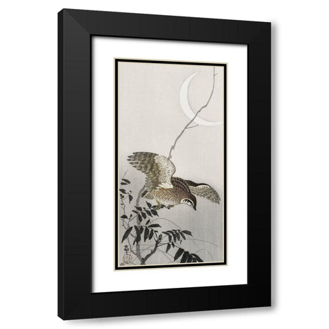 Quail at moon sickle  Black Modern Wood Framed Art Print with Double Matting by Koson, Ohara