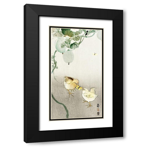 Two chicks fighting for a butterfly Black Modern Wood Framed Art Print with Double Matting by Koson, Ohara