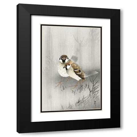 Two ring sparrows in the rain Black Modern Wood Framed Art Print with Double Matting by Koson, Ohara