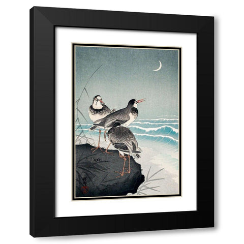 Snipes at the Shore Black Modern Wood Framed Art Print with Double Matting by Koson, Ohara