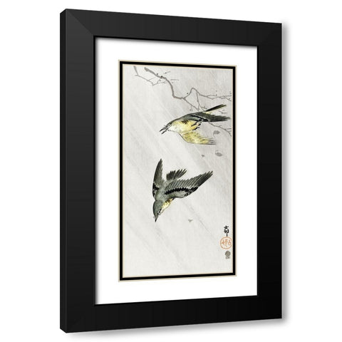 Songbirds in rain Black Modern Wood Framed Art Print with Double Matting by Koson, Ohara