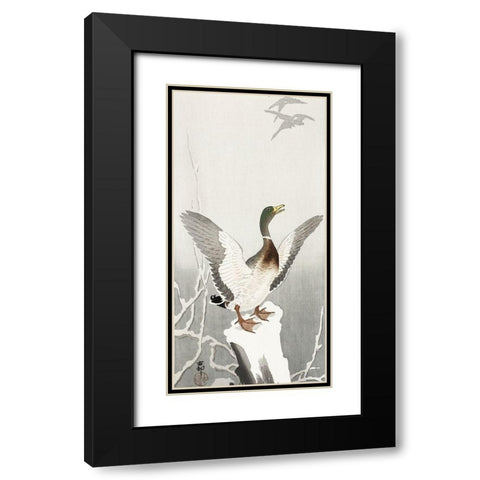 Duck on snowy tree stump Black Modern Wood Framed Art Print with Double Matting by Koson, Ohara