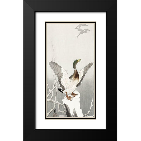 Duck on snowy tree stump Black Modern Wood Framed Art Print with Double Matting by Koson, Ohara