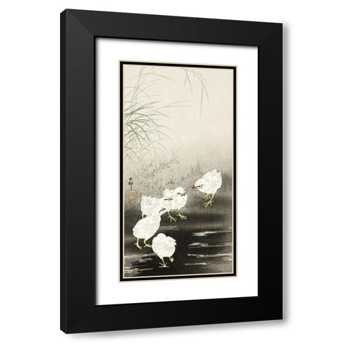 Chicks eating worms Black Modern Wood Framed Art Print with Double Matting by Koson, Ohara