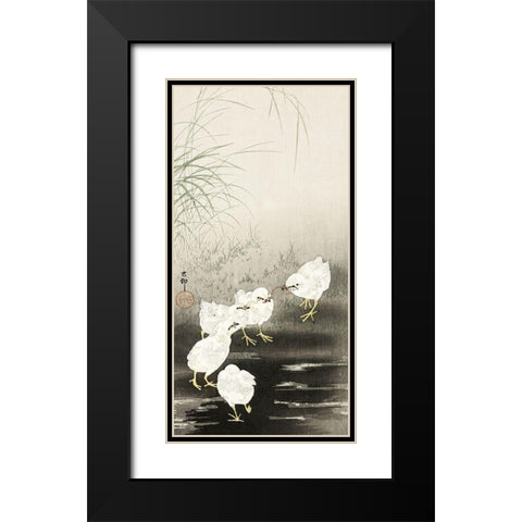 Chicks eating worms Black Modern Wood Framed Art Print with Double Matting by Koson, Ohara