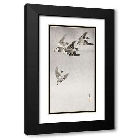 Starlings in the rain Black Modern Wood Framed Art Print with Double Matting by Koson, Ohara