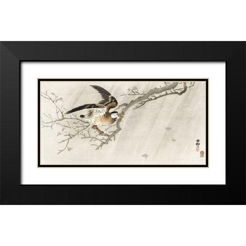 Gray starling in storm Black Modern Wood Framed Art Print with Double Matting by Koson, Ohara