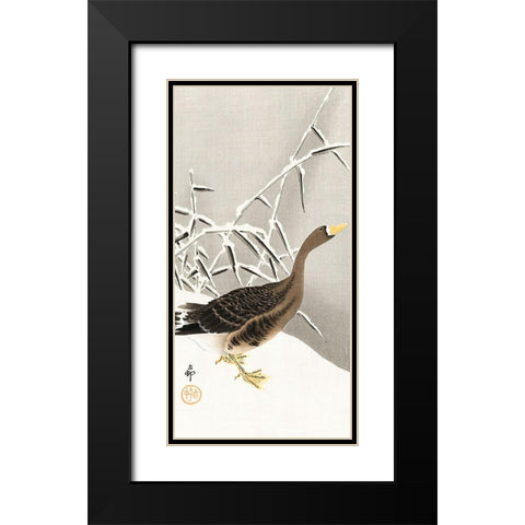 White-fronted goose in the snow Black Modern Wood Framed Art Print with Double Matting by Koson, Ohara