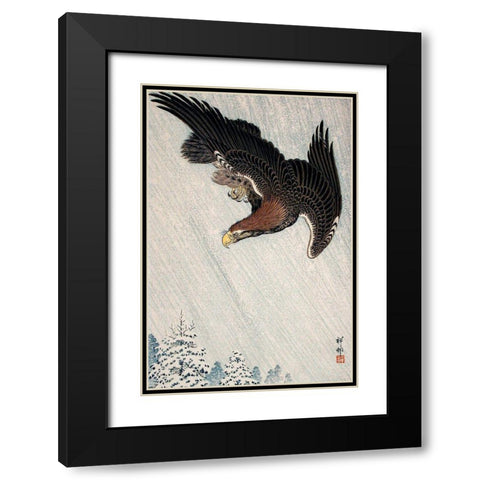 Eagle Flying in Snow Black Modern Wood Framed Art Print with Double Matting by Koson, Ohara