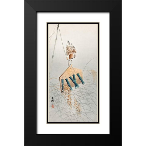 Ring sparrow on scarecrow Black Modern Wood Framed Art Print with Double Matting by Koson, Ohara