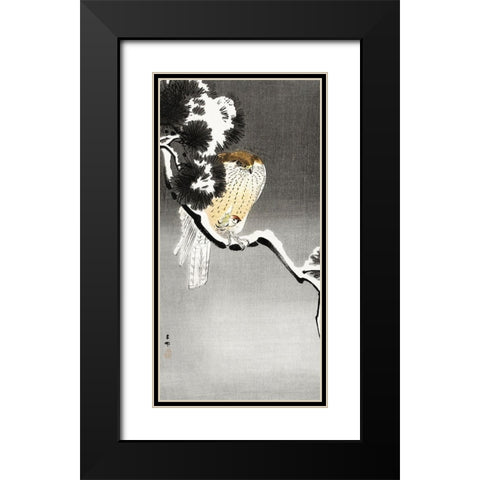 Hawk with sparrow Black Modern Wood Framed Art Print with Double Matting by Koson, Ohara