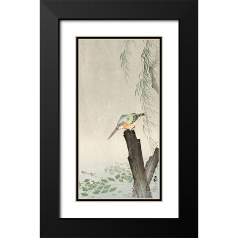 Kingfisher on a tree stump Black Modern Wood Framed Art Print with Double Matting by Koson, Ohara