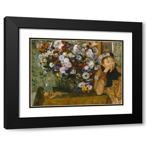 A Woman Seated beside a Vase of Flowers Black Modern Wood Framed Art Print with Double Matting by Degas, Edgar