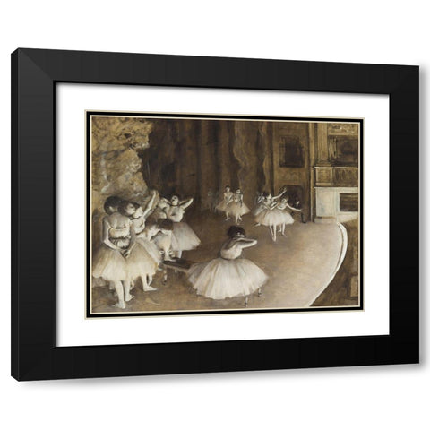 Ballet Rehearsal on Stage Black Modern Wood Framed Art Print with Double Matting by Degas, Edgar